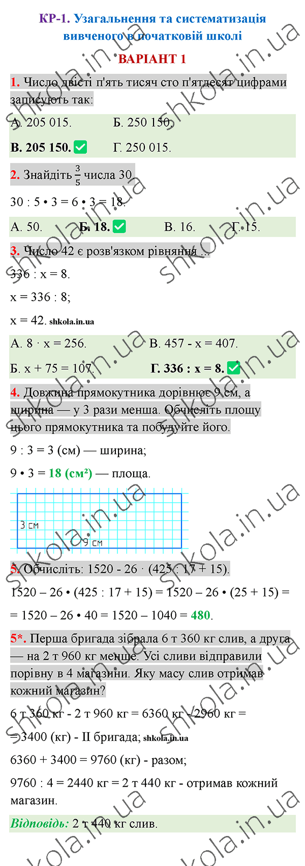 Відповіді до контрольної роботи КР-1 варіант 1 зошита з математики 5 клас Тарасенкова 2022